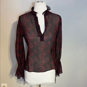 Nili Lotan Black and Red Tie Front Blouse with Bishop Sleeves size xs
